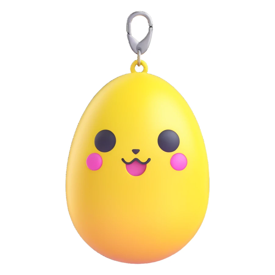 Tamagotchi virtual pet device, 3D emoji style, egg shaped, three buttons, Mametchi on screen, keychain, cute and rounded sticker