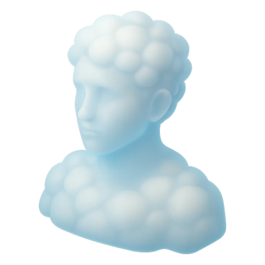 person looking straight, made entirely of white fluffy convex clouds, shoulder up, matte glass style, clouds with light blue glow sticker