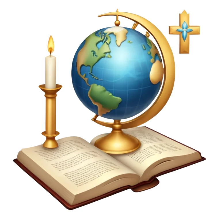 An icon featuring a holy book, a candle, and a cross, symbolizing religious studies. The design includes a globe with various religious symbols: a crescent moon and star (Islam), a lotus flower (Buddhism), representing global belief systems. Transparent background. sticker