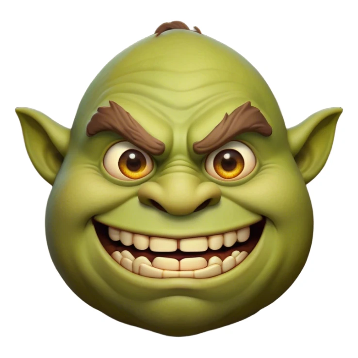 Cinematic Comical Ogre Portrait Emoji, with a strikingly exaggerated, bulky figure in vivid earthy greens and browns, head tilted in a dramatically surprised expression with wide, comically bulging eyes and a goofy, oversized grin, simplified yet hilariously exaggerated, highly detailed with a soft, cartoonish glowing outline capturing the playful absurdity of a meme-worthy ogre! sticker