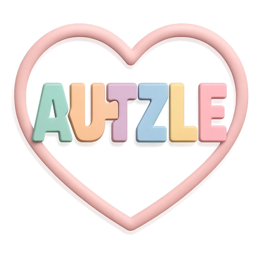 Playful, modern logo: 'AUTZLE' in puzzle-piece letters, each letter a different bright pastel mint, peach, lavender, light blue, soft yellow, pink. The word is inside a smooth, aesthetically pleasing heart shape with soft curves, acting as a gentle frame. The design is clean, vibrant, and supportive, with soft, even lighting, gentle 3D shadows, and a transparent or white background. sticker