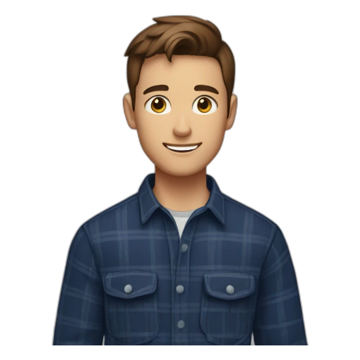 A young man with no beard, neatly trimmed short brown hair, exuding confidence, clad in a navy blue checked flannel shirt. sticker