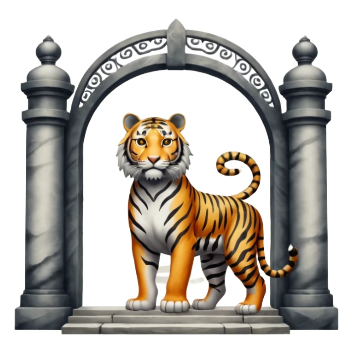 Traditional Chinese ink painting style emoji. A powerful tiger (like the ancient character 虎), standing guard in front of mystical gates (門). Energy swirls around him like a vortex (🌀). Minimalist, transparent background, 512x512 pixels. sticker