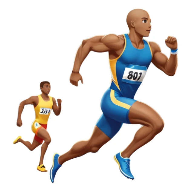 An icon depicting a sprinter in full motion, racing down a track with determination. The background showcases a vibrant stadium filled with cheering fans, bright lights, and a clear sky. The scene captures the speed, power, and focus of athletics.  sticker