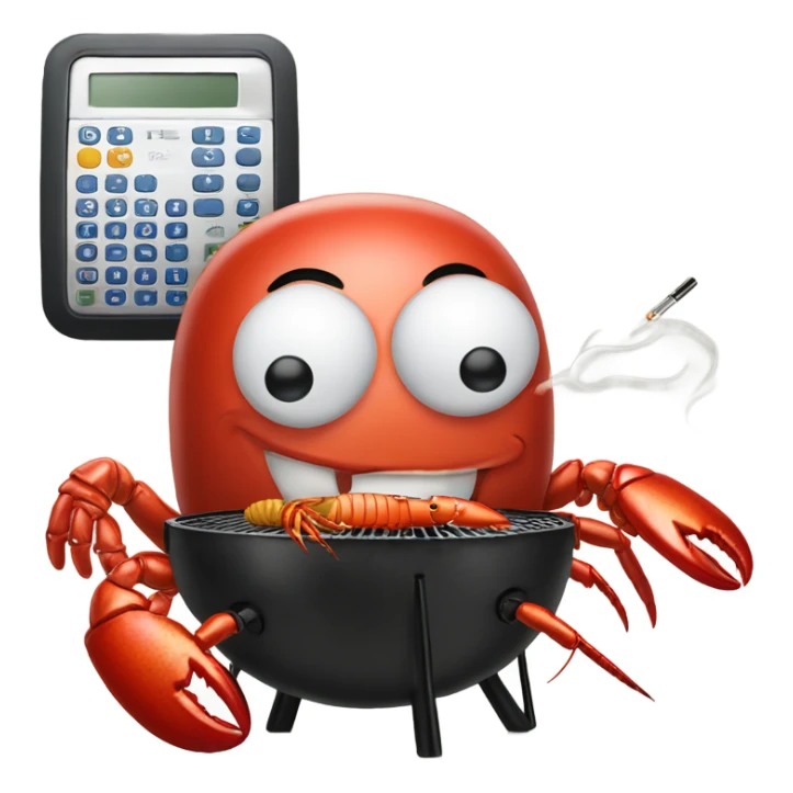 On a grill there’s Lobster with a calculator smoking a cigarette  sticker