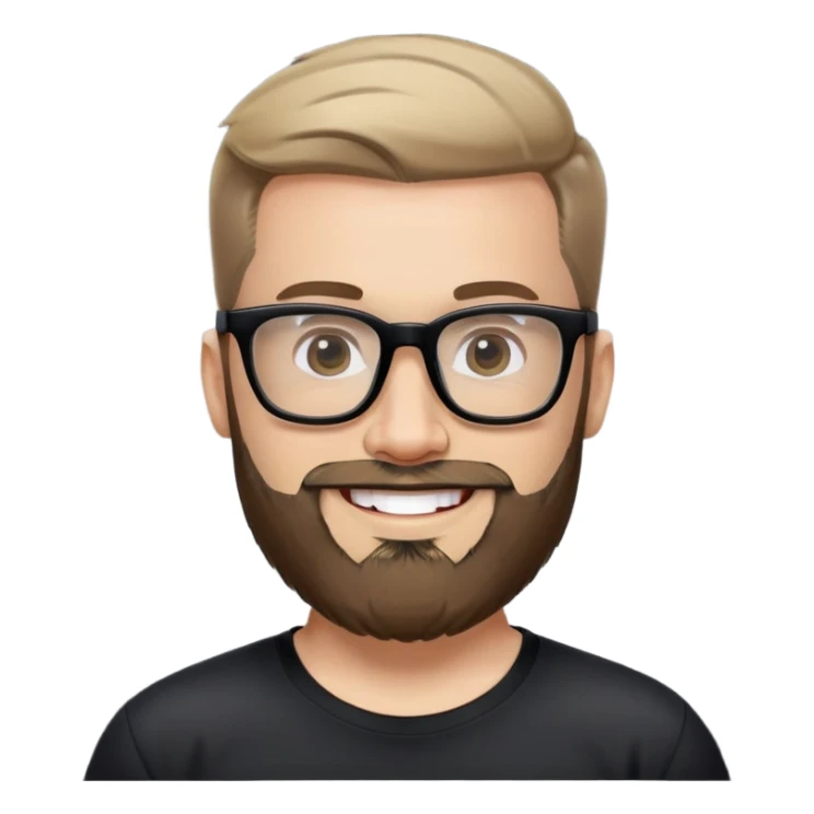 Light-skinned man with full beard, short hair brushed upward, big black glasses frames, happy smile, black sports shirt sticker