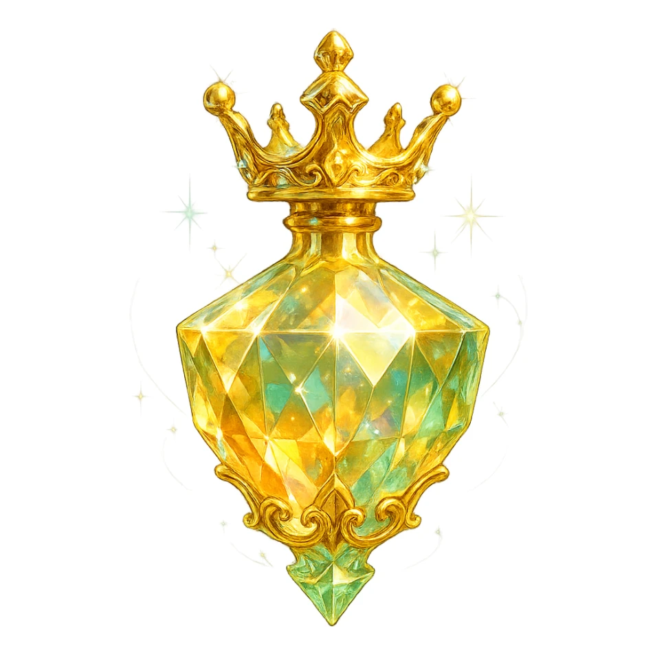 luxurious crystal elixir bottle shaped like a crown, pastel gradient of yellow, orange, and green, lots of shine, facets, ornaments, golden details, magical effects, very small golden neck, transparent background, beautiful merging base, clearly floating in air, no base or shadow, premium class impression, interesting design, fits a collection of crystal, luxurious, magical bottles sticker