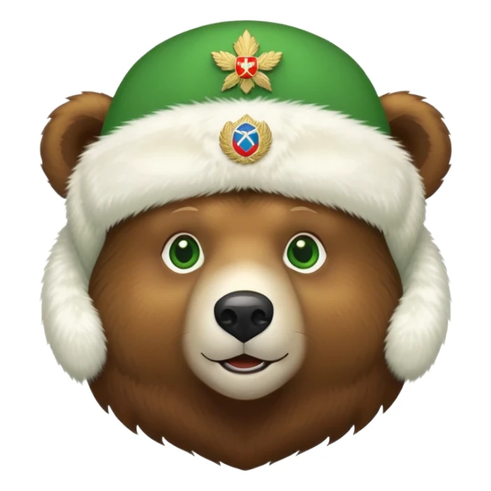 Endearing brown bear with bright green eyes, white fur ushanka hat with detailed Russian Federation emblem prominently displayed on front, iOS emoji style sticker