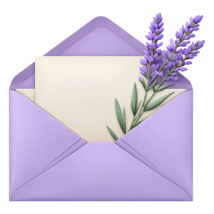 Pastel light whitish purple envelope with some white papers, and lavender flowers laying on top  sticker
