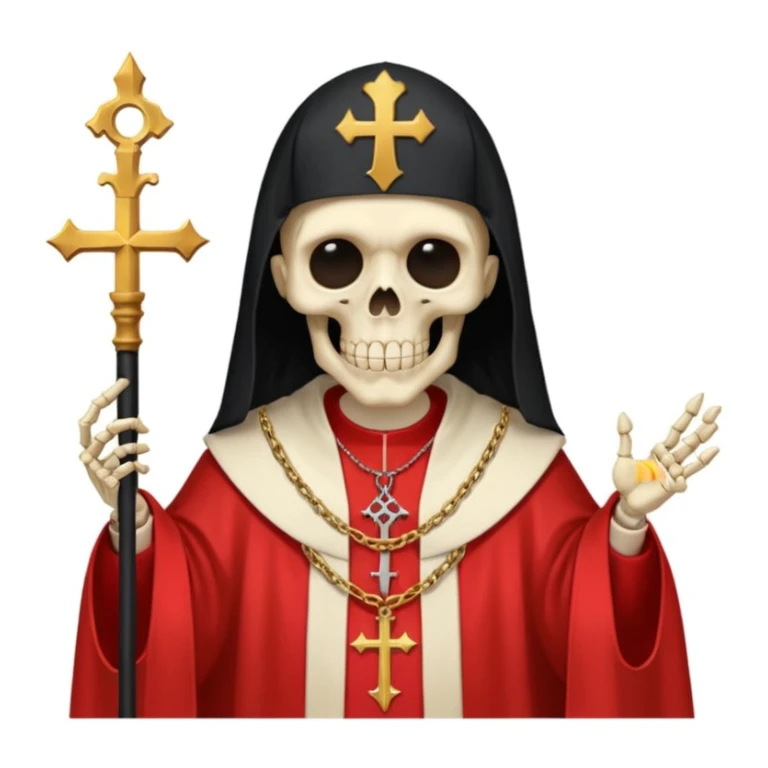Skeleton metal singer in satanic pope robe with black hair sticker