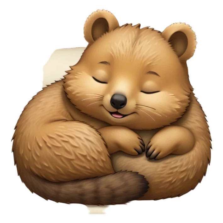 Meme-Worthy Cute Sleeping Quokka Portrait Emoji, Head resting peacefully with a contented smile, showcasing a delightfully compact build and a luxuriously soft brown fur, eyes shut in a serene, restful nap, Simplified yet hilariously adorable features, highly detailed, glowing with a soft, drowsy light, high shine, relaxed and utterly lovable, stylized with an air of playful laziness, bright and heartwarming, soft glowing outline, capturing the essence of a comically sleepy quokka, so meme‐worthy it feels like it could instantly become the next viral sensation of adorable slumber! sticker
