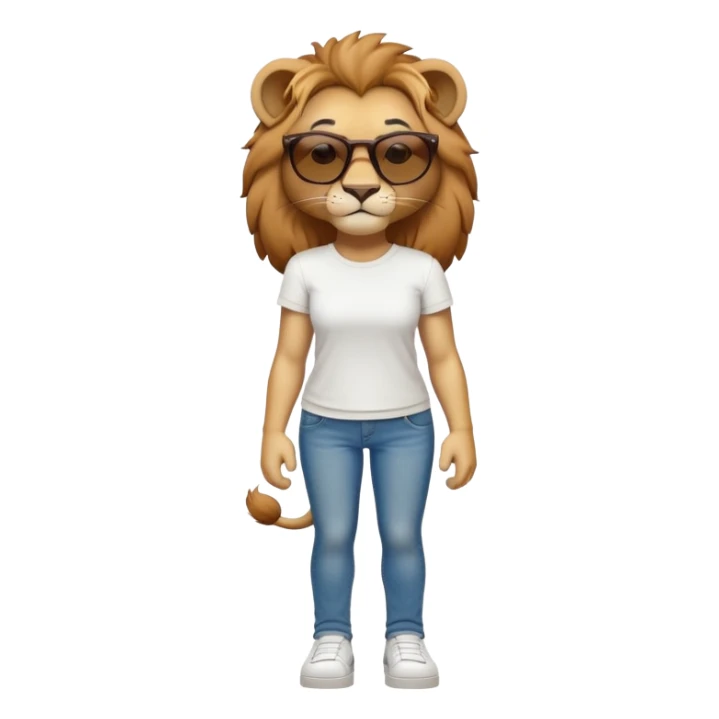 friendly anthropomorphised female lion character, full body, standing confidently with legs shoulder width apart and arms folded, wearing jeans, a white t-shirt, and dark sunglasses, with a determined expression sticker