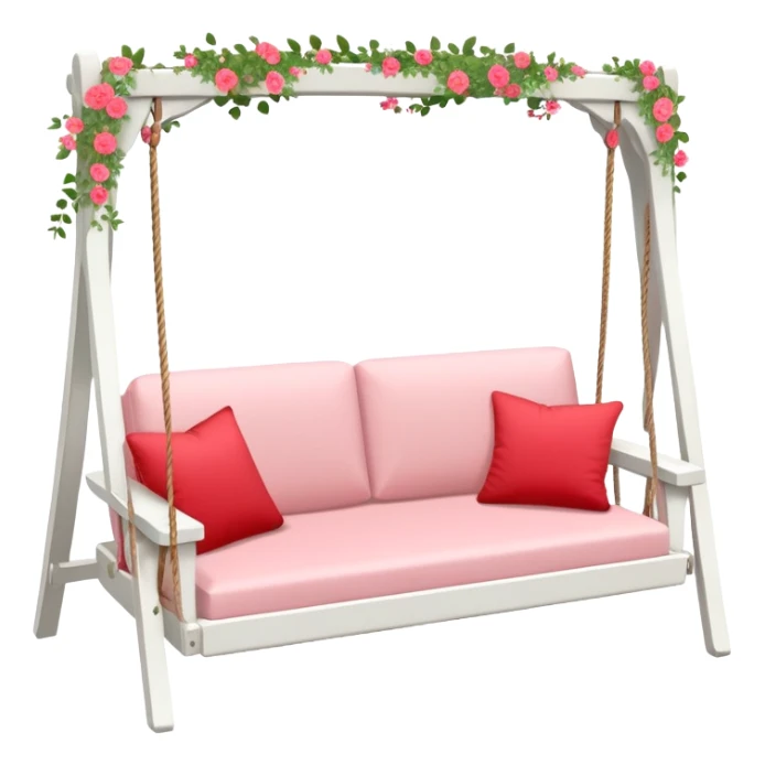 Romantic white wooden pastel-red cushions couch-swing with tiny flowers around sticker