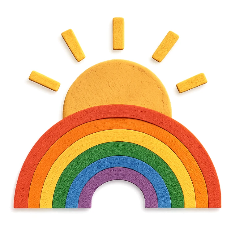 a stylized rainbow sun rising, paper craft style, symbolizing hope for Pride Month sticker