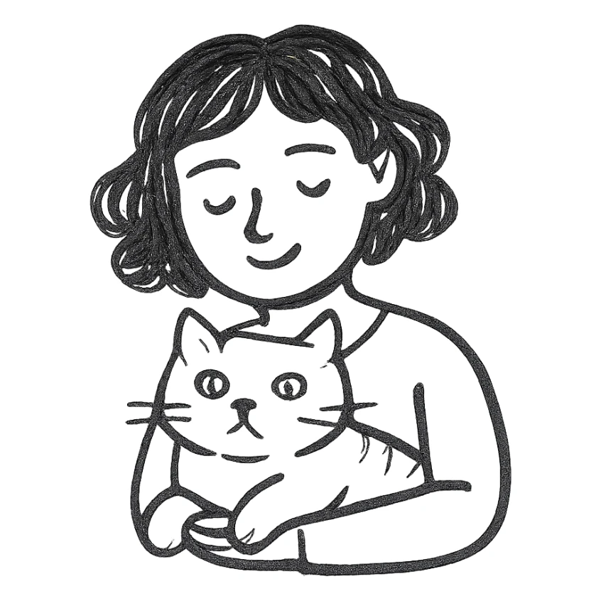 wavy black haired girl with a short haitcut holding a british cat sticker