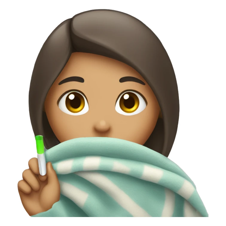 A girl who doesn’t feel good with a thermometer and a blanket sticker