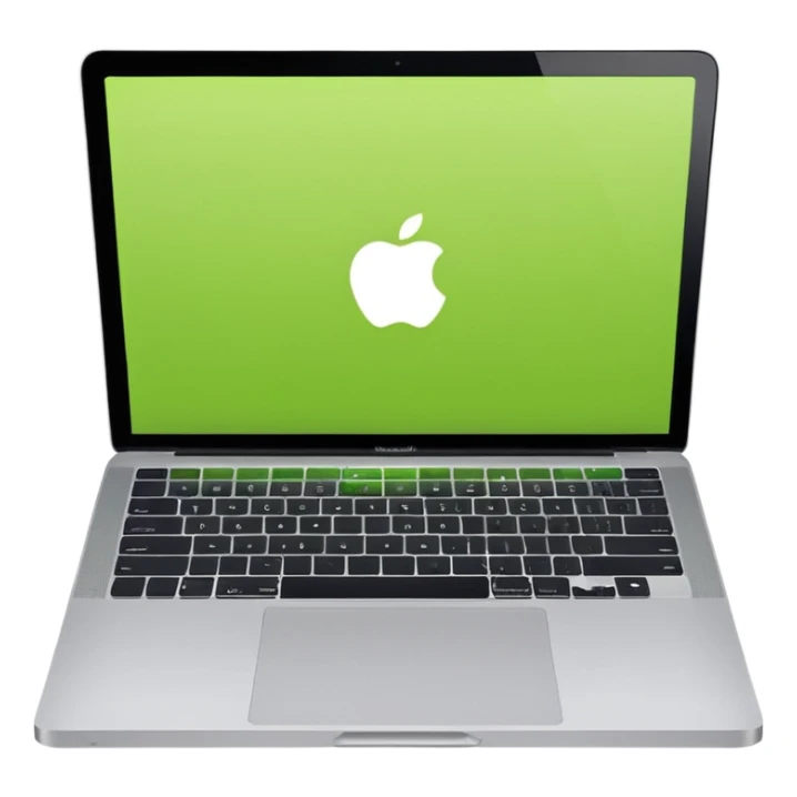 A macbook laptop front facing with its screen showing lime green screen. sticker