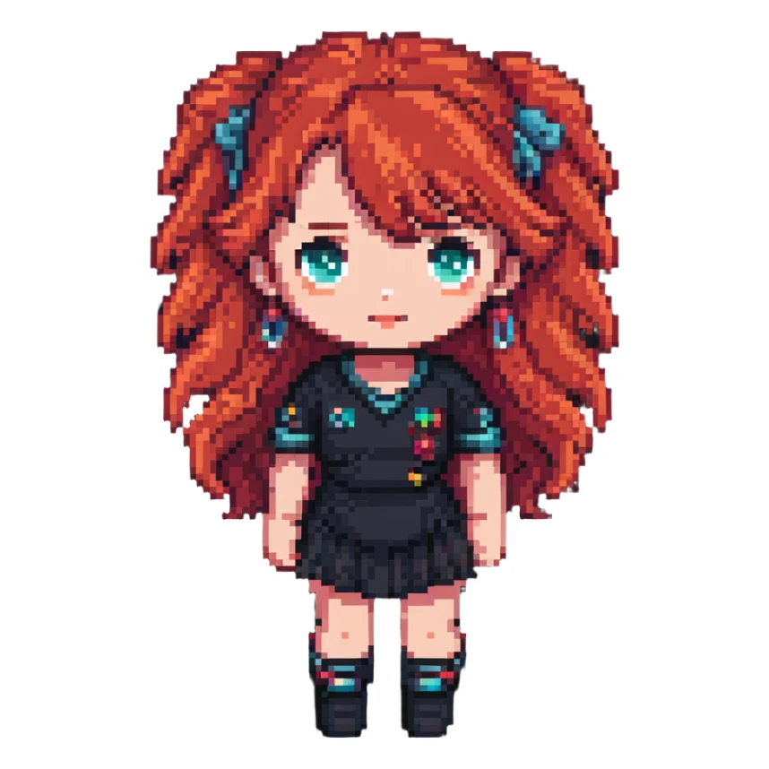 Y2K girl with red hair, pixel art style sticker
