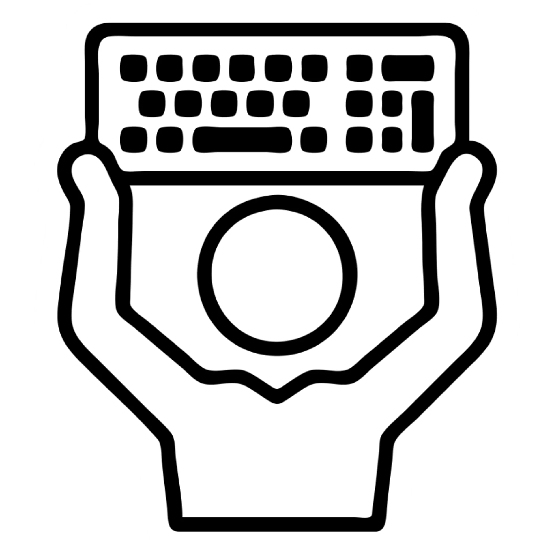 a person holding a keyboard up to their head like a boombox, bold outlined icon style sticker