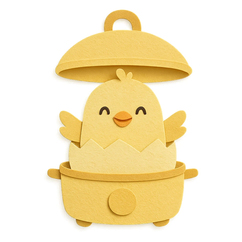 cute chick emerging from an egg cooker lid, smiling, soft yellow colors, full-body sticker