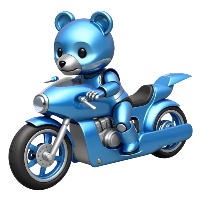  Metallic blue and lightly chrome-accented  kid-sized race car for furry scary robot teddy bear with custom aero body and rear wing and motorcycle-sized wheels  sticker