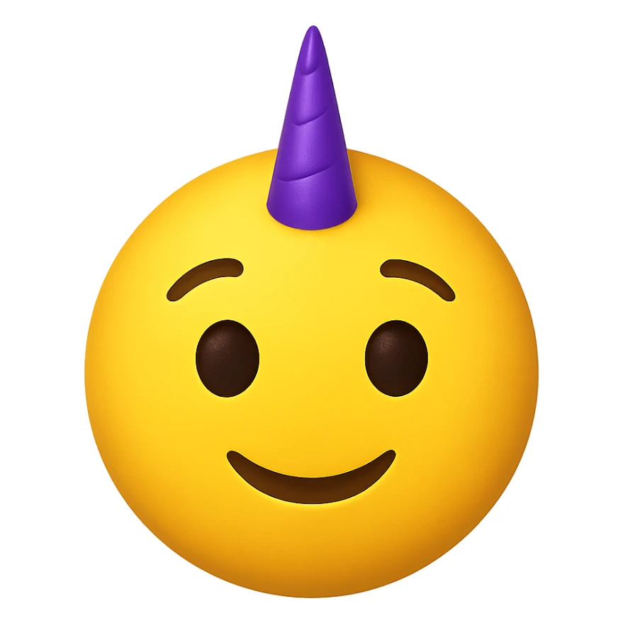 yellow face with purple unicorn horn emoji, digital illustration sticker