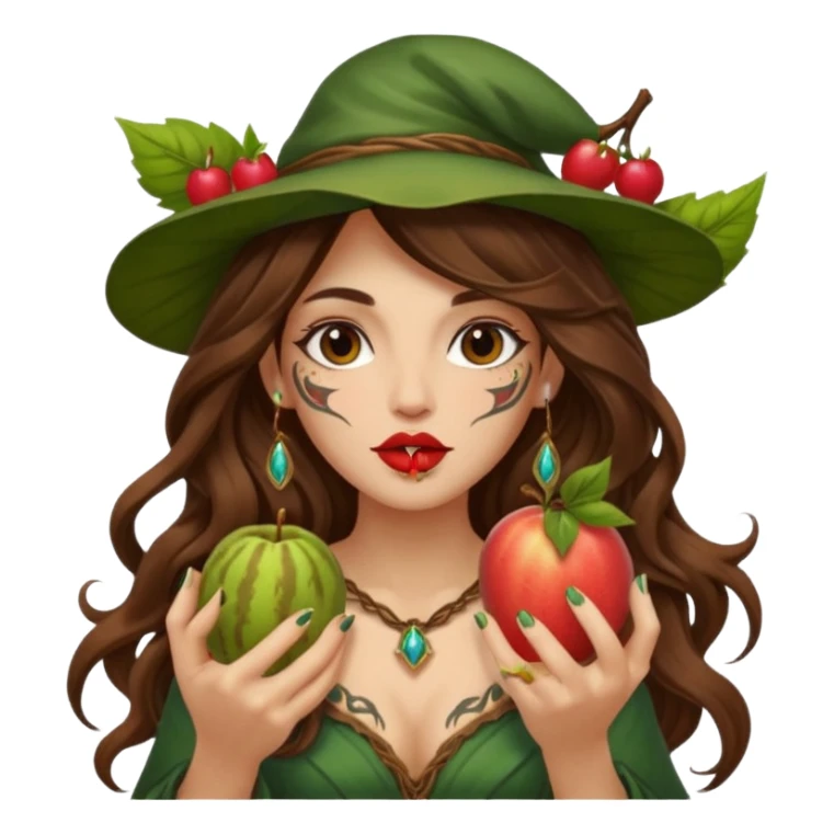 forest mage woman long wavy brown hair tattoos holding fruit near lips sticker