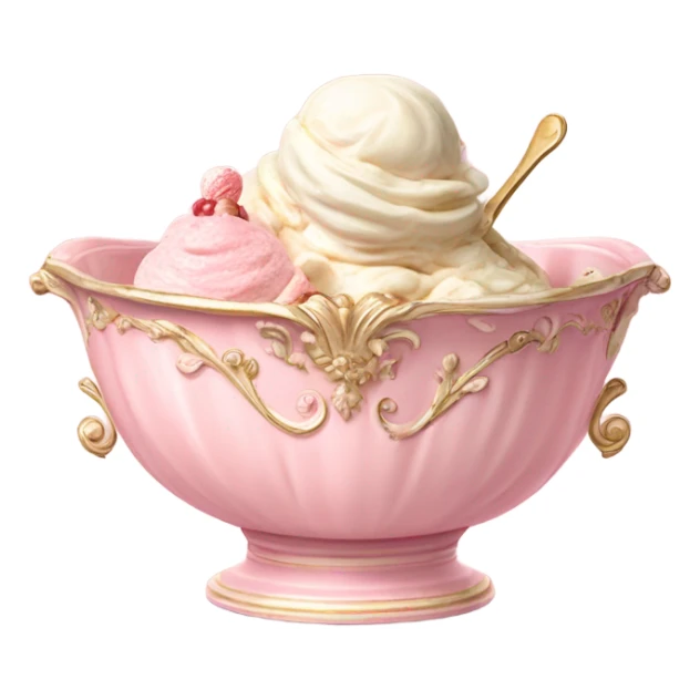 highly detailed vintage pale pink rococo bowl with ice cream sticker