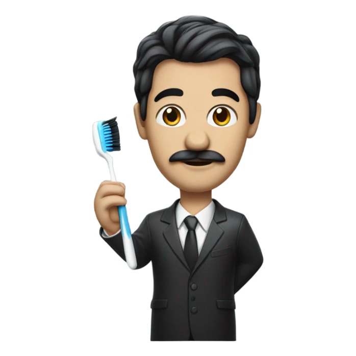A world leader with black hair a side part and a tooth brush mustache sticker