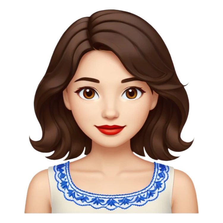 Enthusiastic woman with healthy glowing skin, round cheeks, warm smile, expressive light brown eyes, red lipstick, wavy dark brown shoulder-length hair, summery white top with blue embroidery and electric blue neckline sticker