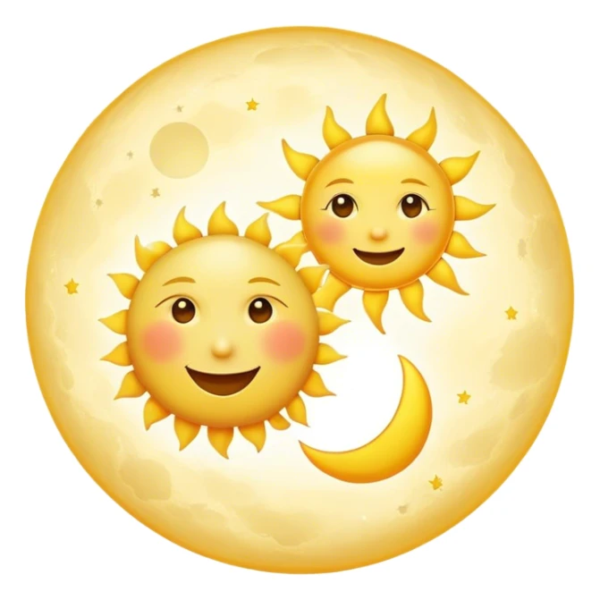 a really bright  big sun and a small moon who shines because of it. the sun is bigger and the tiny \moon bright too beside it smiling sticker