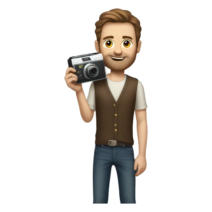 tall white man with brown hair no beard holding a polaroid camera sticker