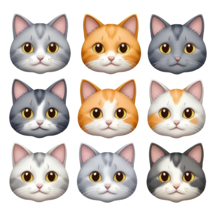 6 realistic looking cats with different natural coloured coats, assorted grey and white, greys, calico colours etc
 sticker