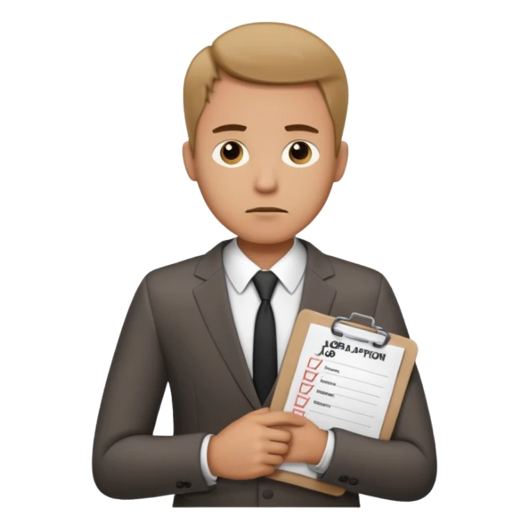 Man looking sad while holding a clipboard with a checklist that has a heading that says job application  sticker