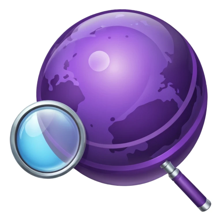 Minimal purple icon: a planet with connecting lines and a magnifying glass. Glossy, transparent background. sticker
