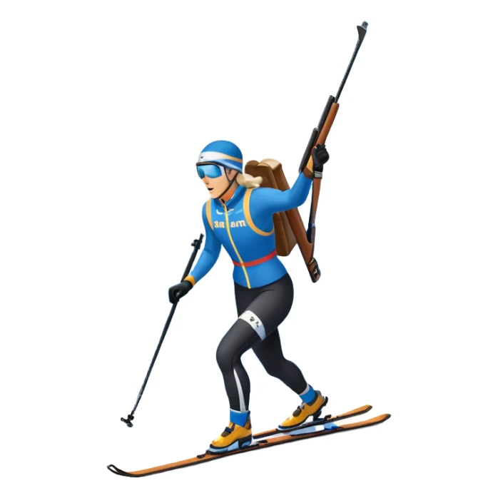 An icon showing a biathlete skiing on a snow-covered Olympic track with a rifle on their back. Cheering fans fill the stands. Majestic mountains, snowy trees, and a bright blue sky complete the scenic winter landscape. Transparent background captures the spirit of biathlon. sticker