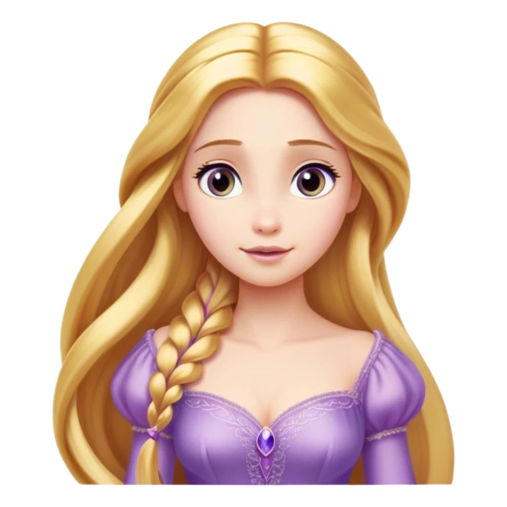 Cinematic Elegant Rapunzel Portrait Emoji, rendered in a realistic, vector-style with minimal shading and bold, simplified shapes. Depict Rapunzel (chest and above) with fair, porcelain skin, long, flowing golden hair cascading gracefully, and soft, gentle eyes, wearing her iconic light purple gown. The image glows with a soft, enchanting radiance and high shine, capturing timeless fairy-tale beauty. sticker