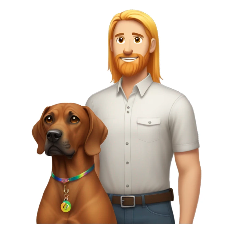 white male with long rainbow colored hair standing alongside a brown rhodesian ridgeback sticker