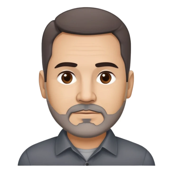 Hispanic man, 57 years old with light complexion. Round face with defined jawline. Expressive dark brown eyes, thick straight eyebrows. Short brown hair, slightly styled. Full brown beard with minimal gray. Professional appearance. Wearing a dark collared shirt. sticker