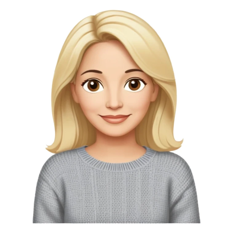 Linette Torres, 50-something Puerto Rican actress with fair complexion, extremely kind-hearted expression, bright caring eyes, soft motherly smile, blonde hair with relaxed styling, wearing a comfortable casual sweater sticker