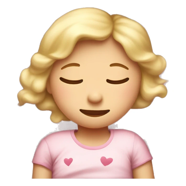 A blond girl sleeping in a bed, the bed sheets have pink really tiny hearts  sticker