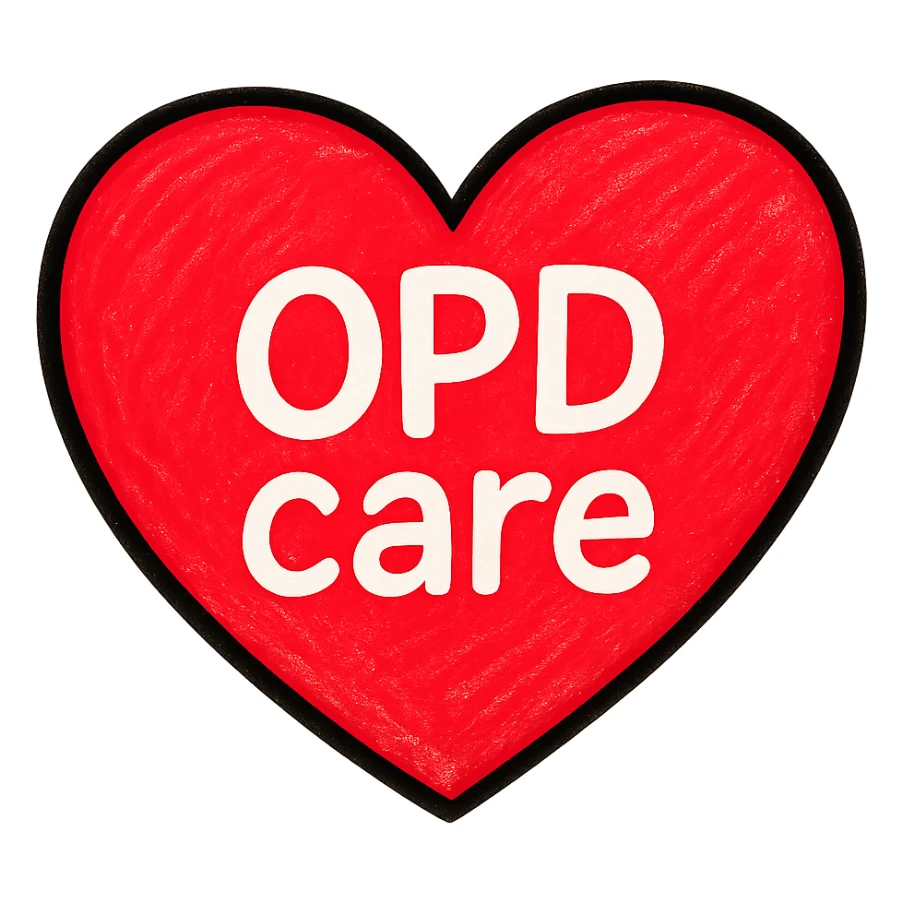 bold red heart shape, 'OPD care' written in the center in white, modern style sticker