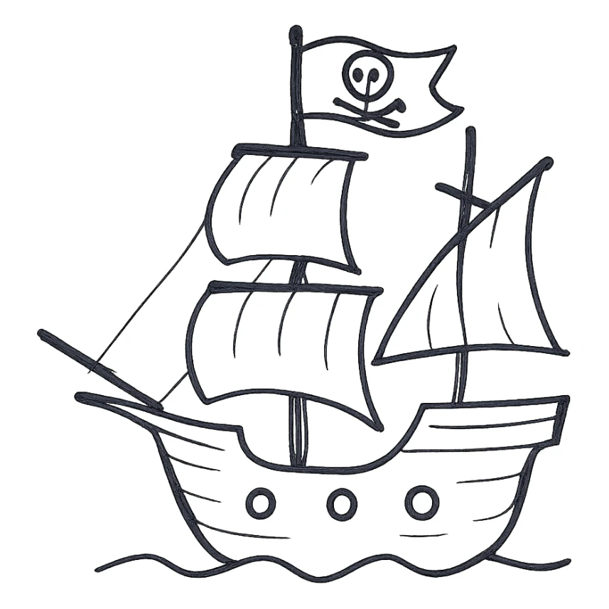 pirate ship, hand drawn icon style, sketchy black lines, no fill, no text sticker