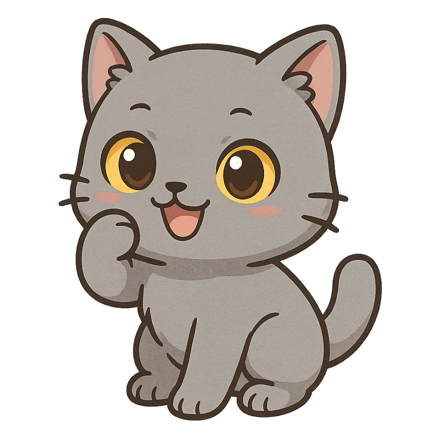 grey British Shorthair cat with yellow eyes, playful expression, chibi style sticker