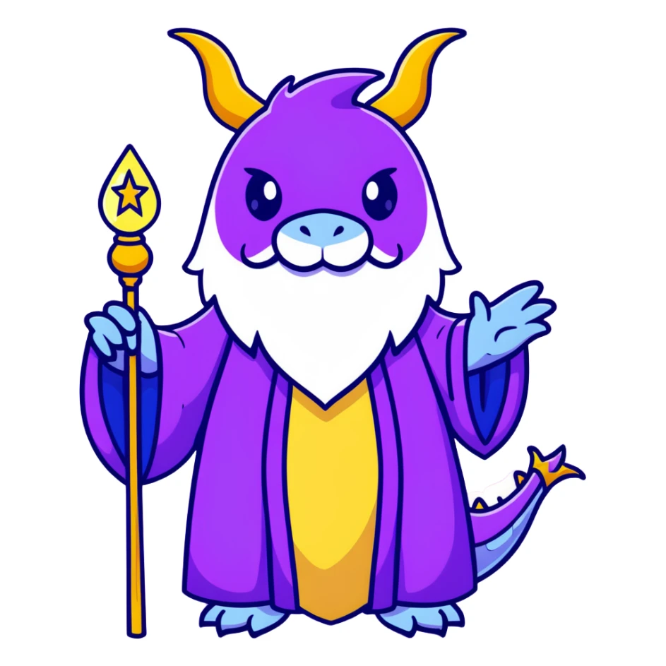 A wise old dragon wizard with a long beard, starry purple robes, and a glowing magic staff sticker