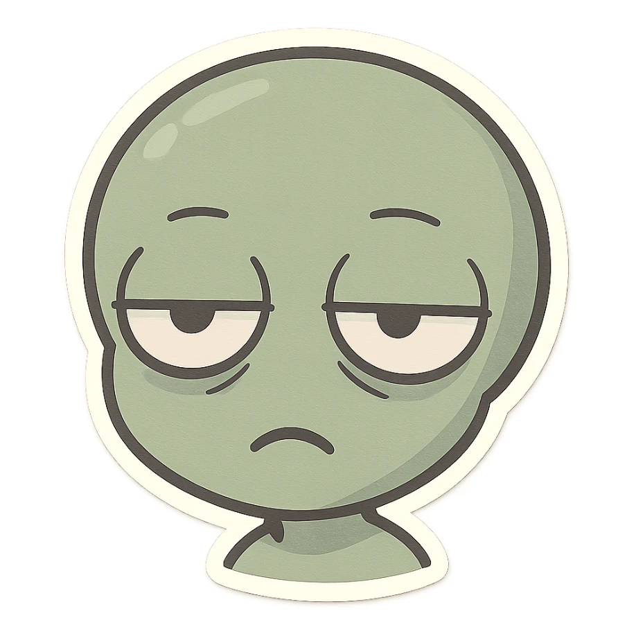 cute cartoon alien head showing boredom, chibi stickers style, muted colors, half-closed eyes, uninterested expression sticker