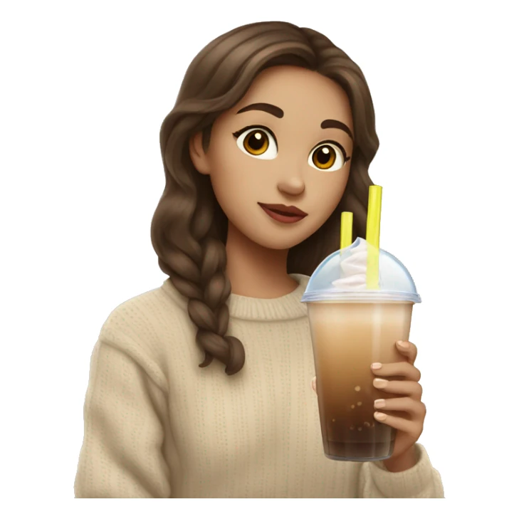 girl with brown hair in beige sweater drinking a bubble tea sticker