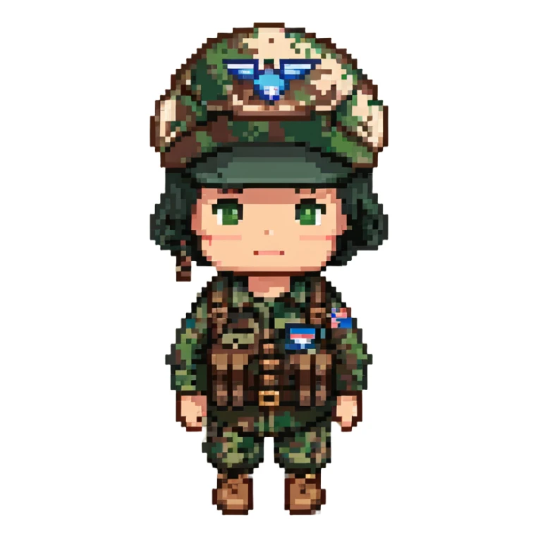 militar con uniforme pixelado boscoso, boina negra con emblema paracaidista, piel morena sticker