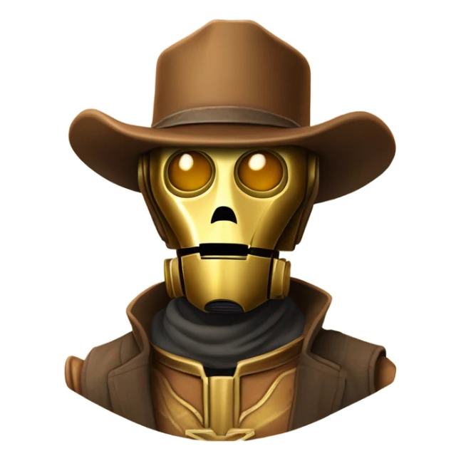 human-sized wild west Bounty hunter cowboy C3po wearing a small hat relaxed pose bearded rusty sticker