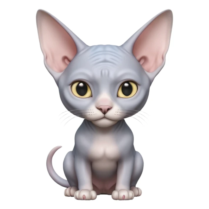 A 3D cartoon silver-gray Sphynx cat with smooth skin, gentle expression, elegant pastel lighting, cinematic Memoji rendering. full body or half body. sticker